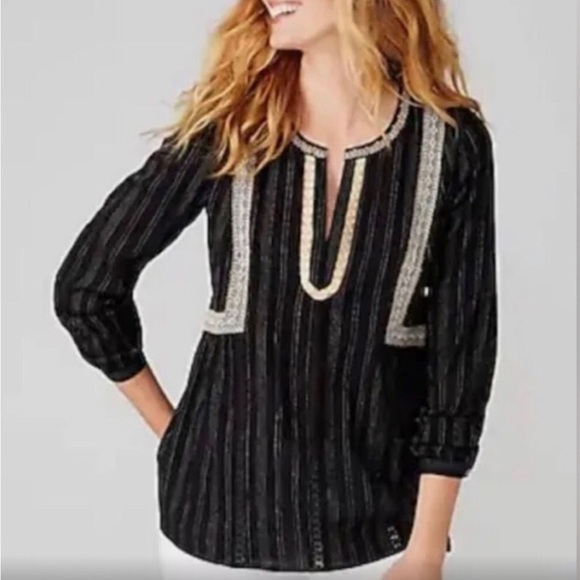 J. Jill Tops - J. Jill Embroidered Popover Black Peasant Blouse Women's V-Neck Boho Size M